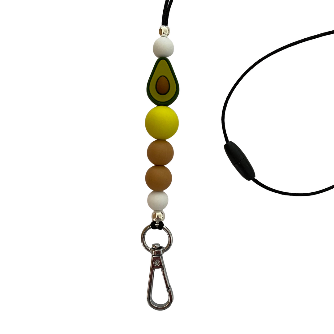 A 60cm black cord lanyard with breakaway clasp with an avocado silicone bead and other coloured silicone beads.
