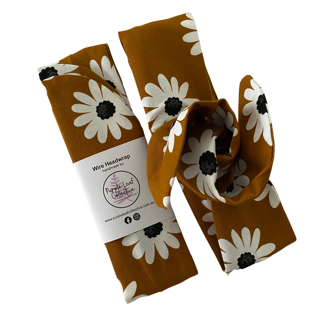 Handmade wire headwrap, headband with big daisy white flowers set on mustard fabric. Stylish, adjustable, and perfect for all-day wear or hair loss coverage.