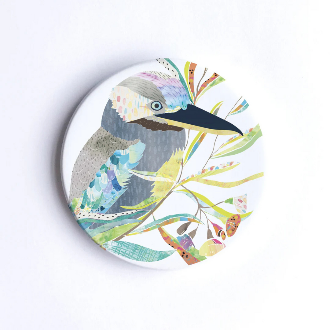 A 90mm diameter ceramic drink coaster featuring a picture of a Blue-winged Kookaburra.