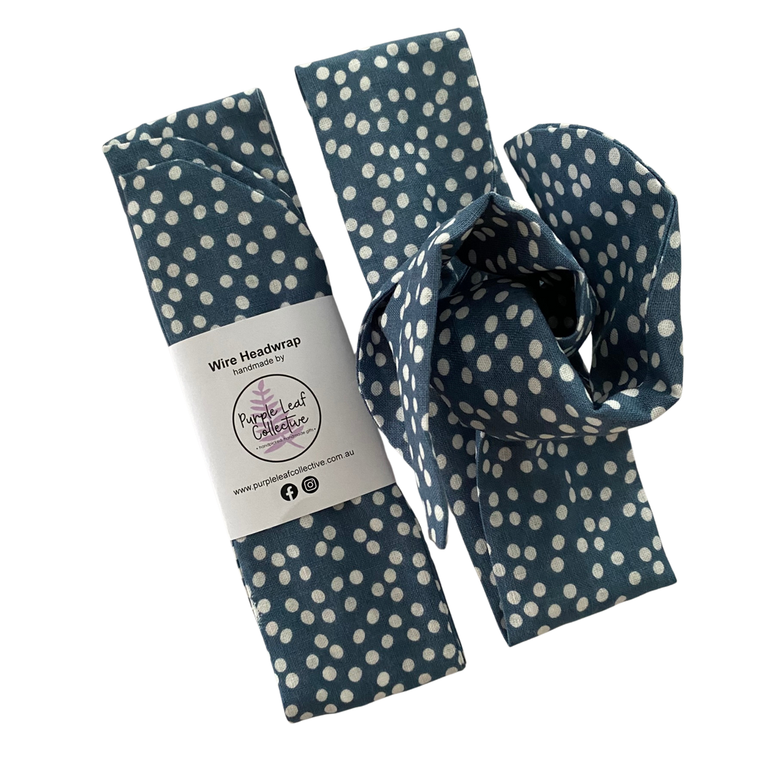 Handmade wire headwrap, headband with small white dots set on duck egg colour fabric. Stylish, adjustable, and perfect for all-day wear or hair loss coverage.