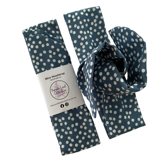 Handmade wire headwrap, headband with small white dots set on duck egg colour fabric. Stylish, adjustable, and perfect for all-day wear or hair loss coverage.