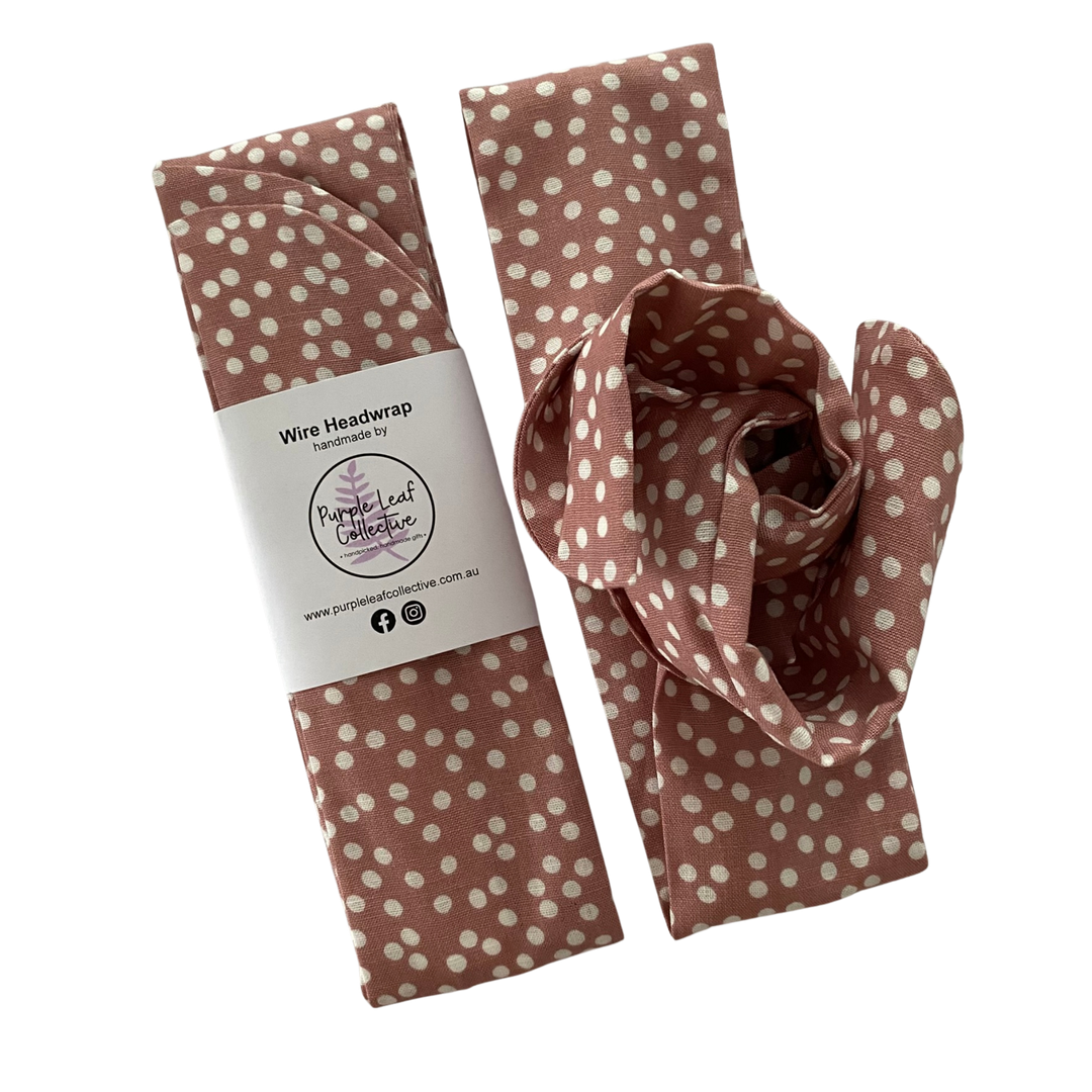 Handmade wire headwrap, headband with small white spots set on pink colour fabric. Stylish, adjustable, and perfect for all-day wear or hair loss coverage.