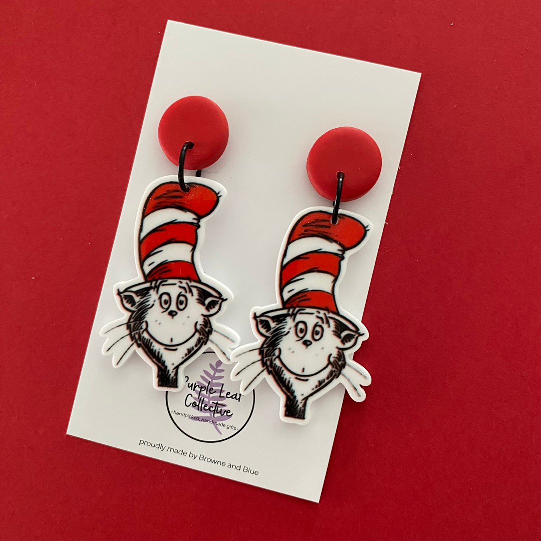 Images of Cat in the Hat Stud Dangle Earrings with a red stud top. Approx 6cm in length. Made with hypoallergic Surgical Steel Posts.