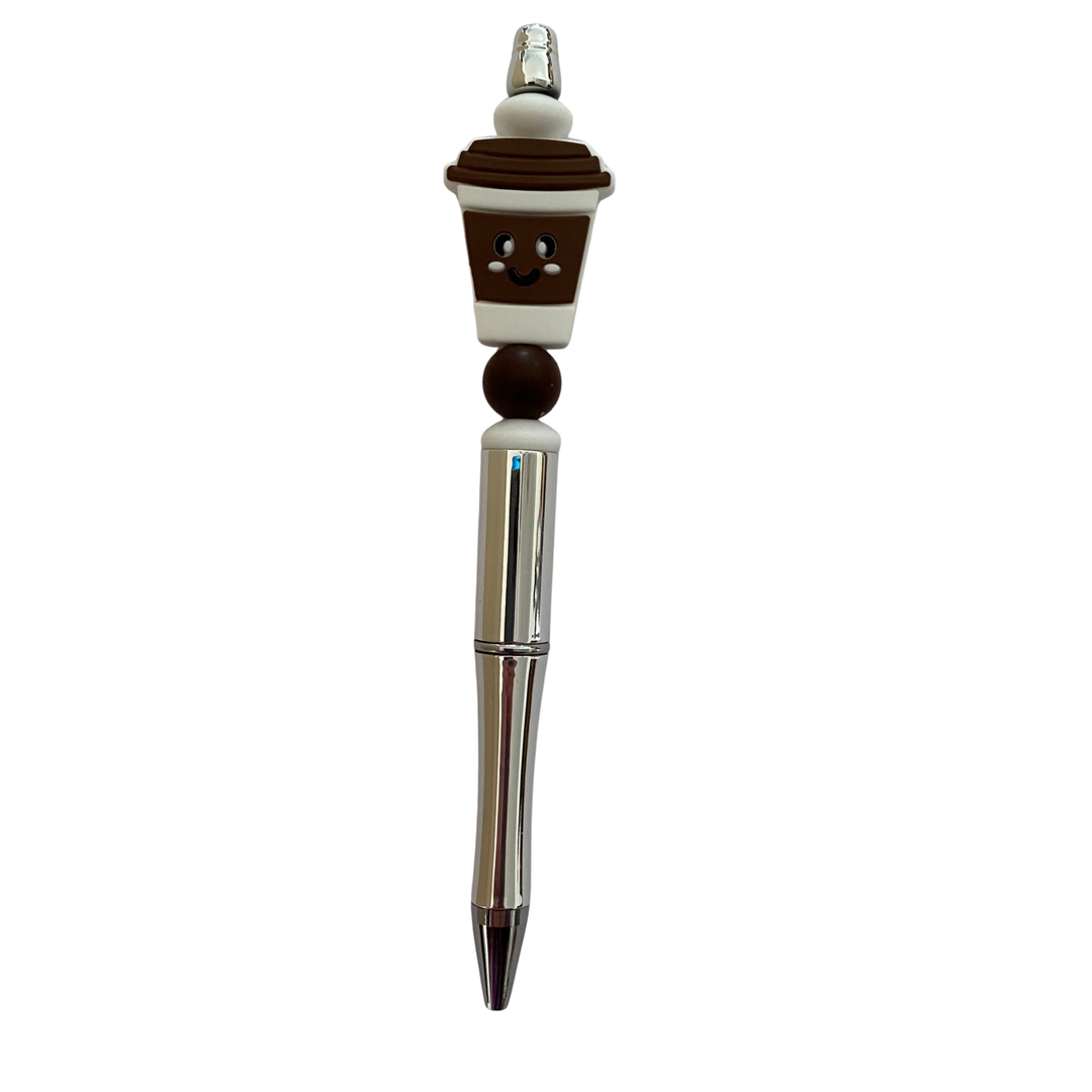 Pen with a coffee cup mocha on top on a white background.