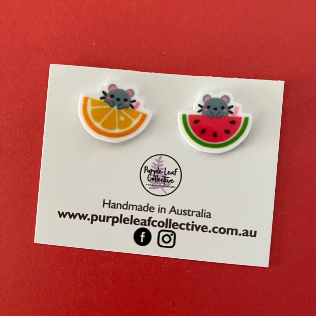 Fruit mice eating orange and watermelon novelty stud earrings. Hypoallergic Surgical Steel Posts. Printed Acrylic. Approx 15mm.
