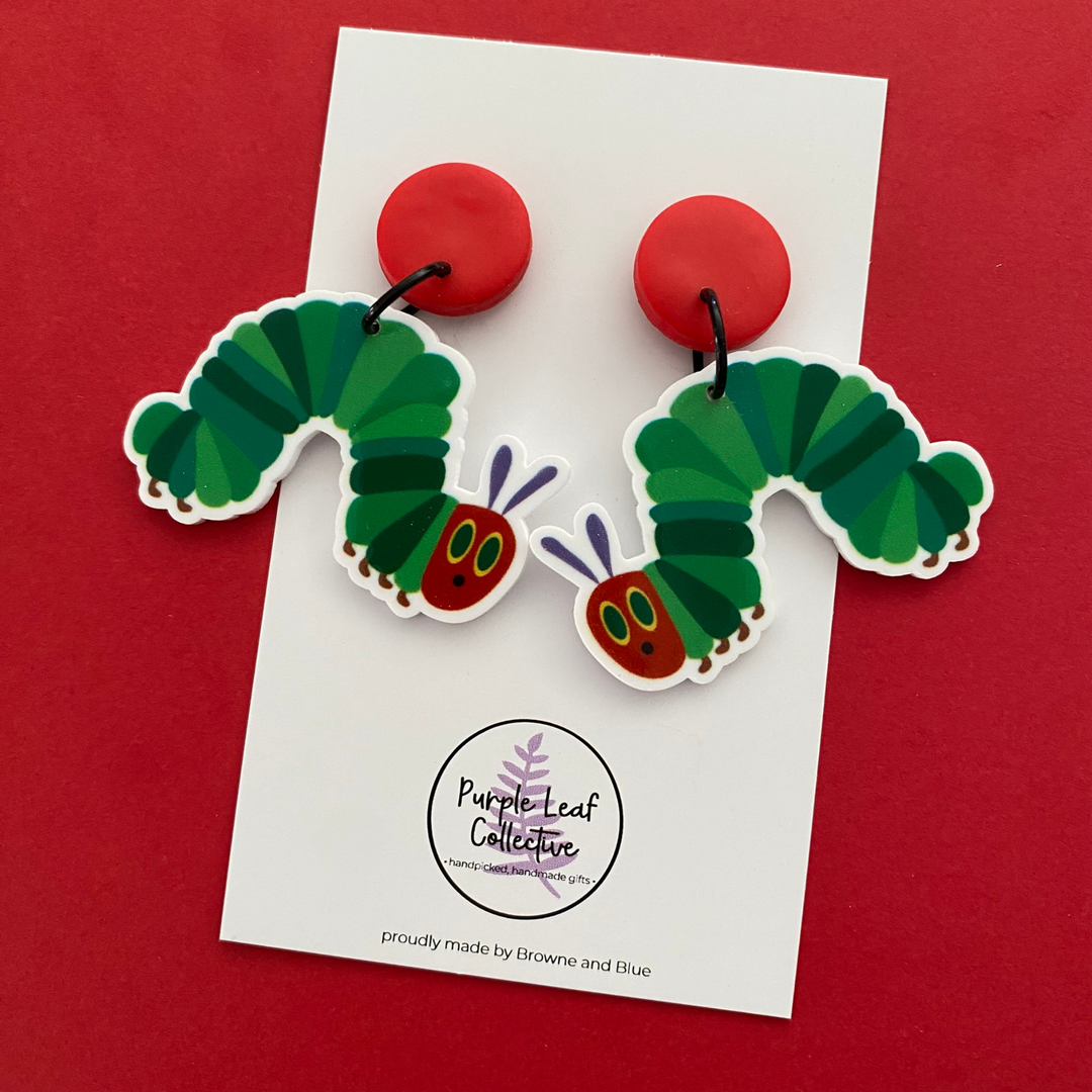 Hungry Caterpillar Dangle Earrings approx 4cm in length—perfect for Teachers and Book Week! Handmade with hypoallergenic surgical steel posts, safe for sensitive ears.
