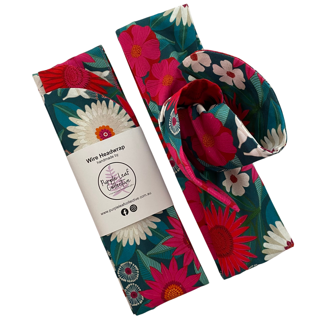 Handmade wire headwrap, headband with deep magenta and white flowers on a teal fabric. Stylish, adjustable, and perfect for all-day wear or hair loss coverage.