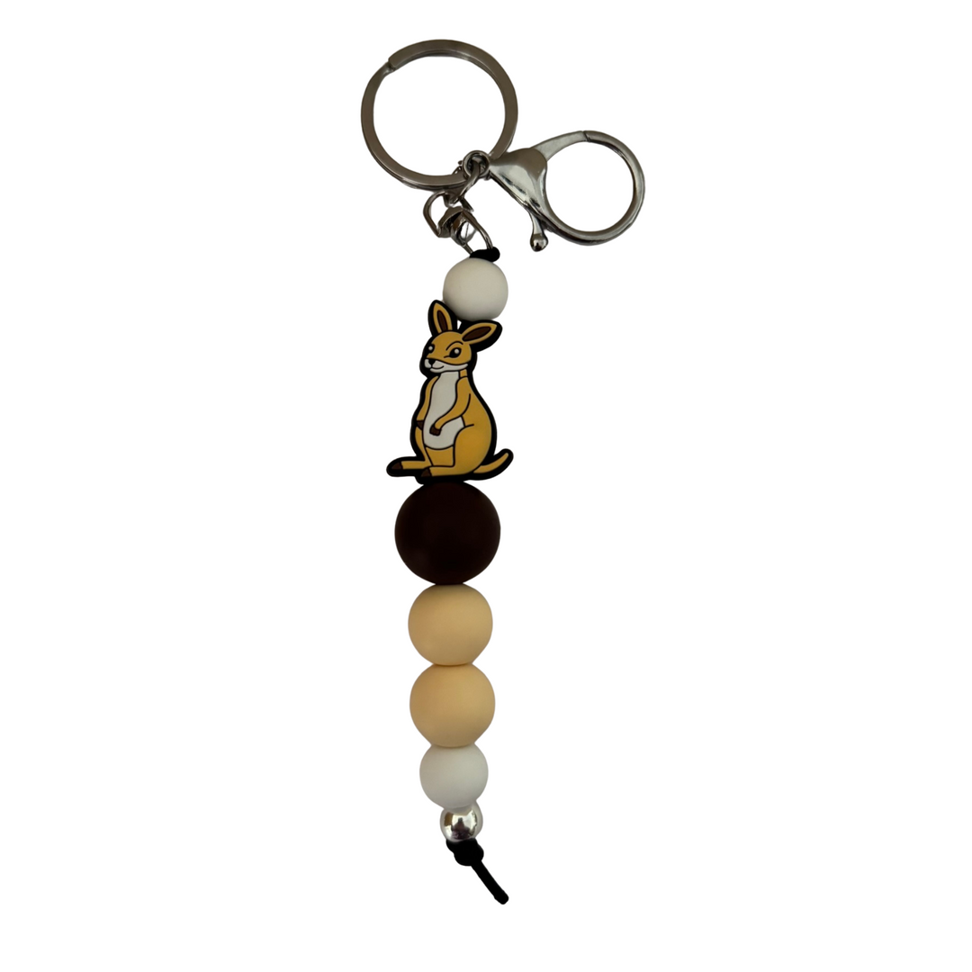 Keychain with colourful beads and a Kangaroo silicone bead on a white background.