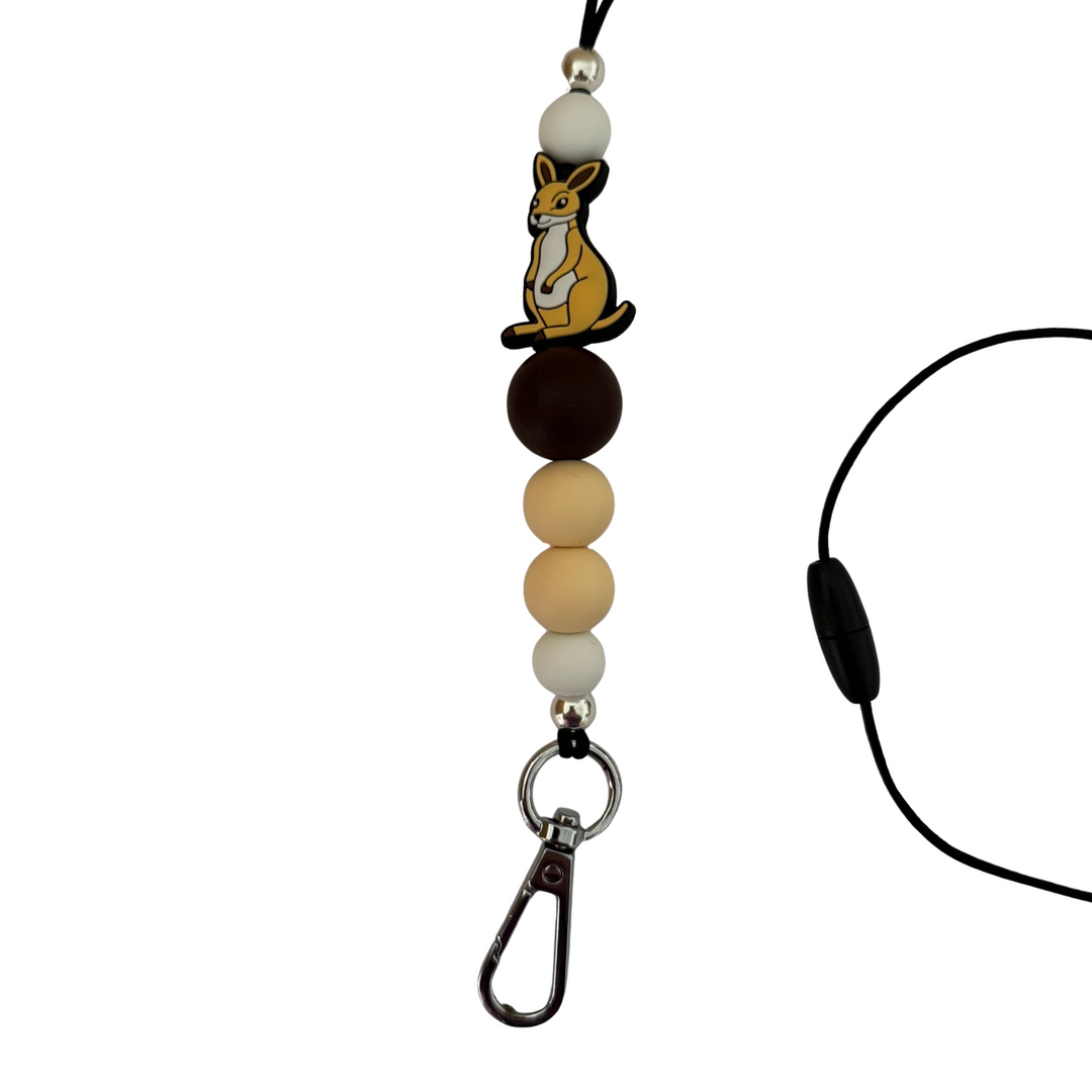 A 60cm lanyard fitted with a safety break away clasp and a Kangaroo silicone bead and other coloured round silicone beads.