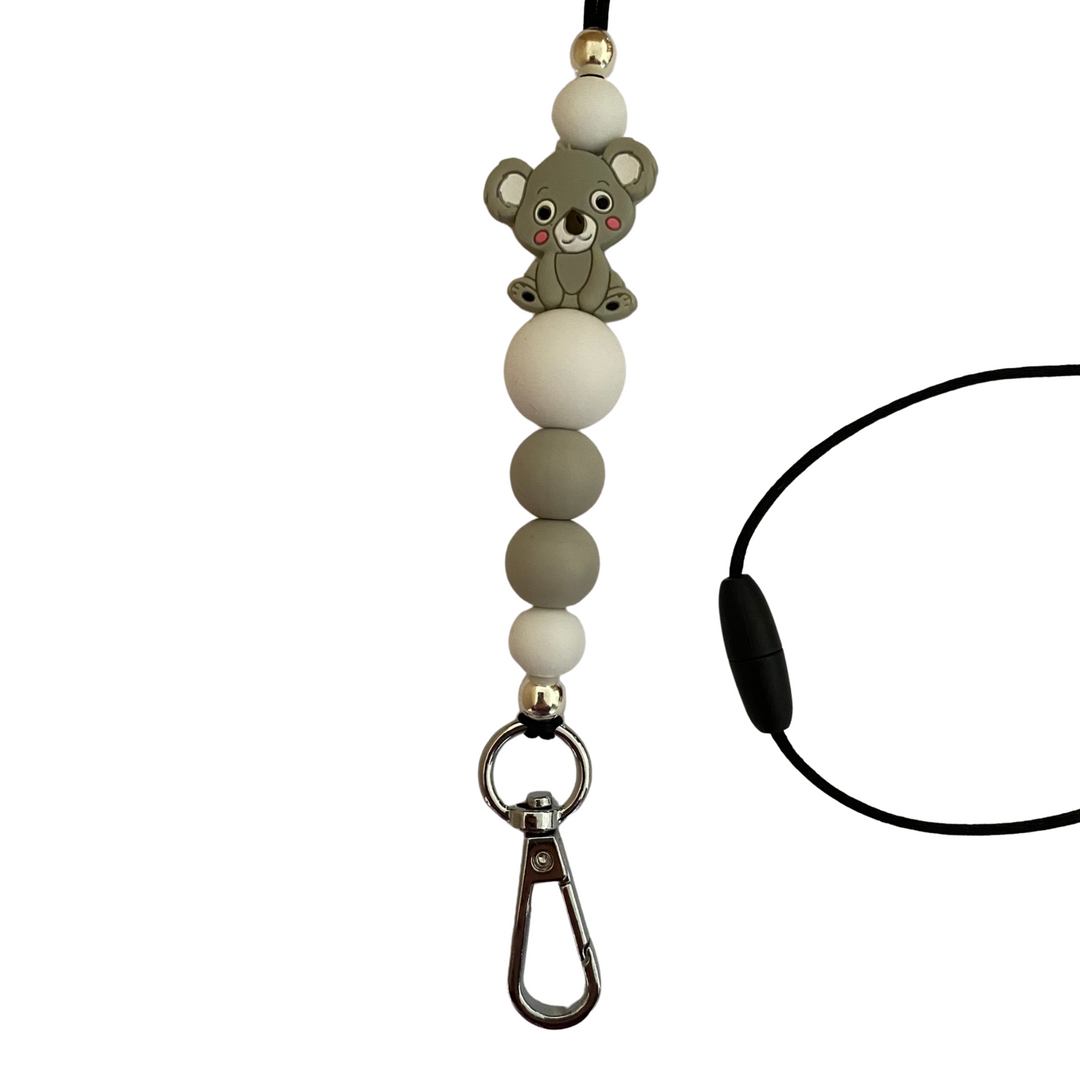 A 60cm lanyard fitted with a safety break away clasp featuring a koala bead and other coloured round silicone beads.