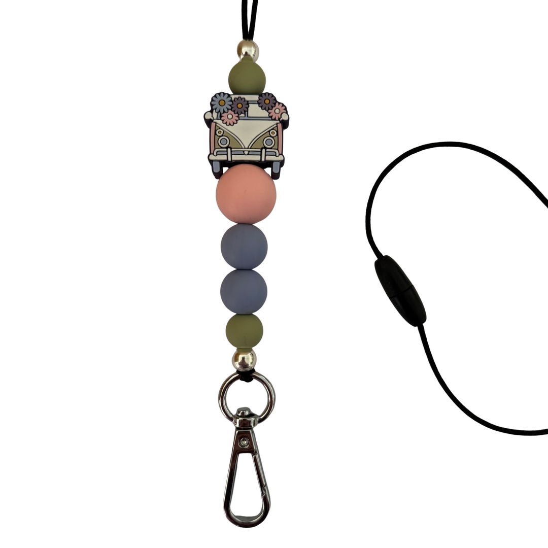 A 60cm lanyard fitted with a safety break away clasp and a Kombi Bloom silicone bead and other coloured round silicone beads.