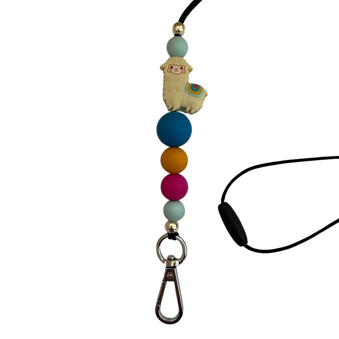A 60cm lanyard fitted with a safety break away clasp featuring a llama bead and other coloured round silicone beads.