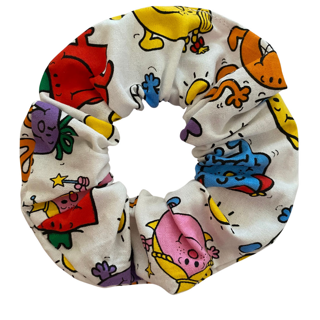 Mr Men Little Miss Scrunchie featuring a playful and colourful print of classic Mr Men and Little Miss characters.