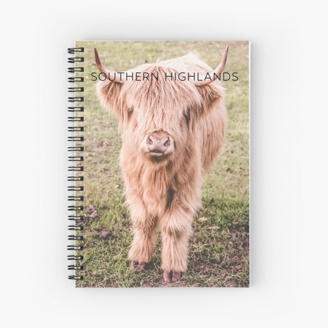 120 page notebook with a Highland Cow on the front cover taken by Belinda Doyle with the words Southern Highlands.