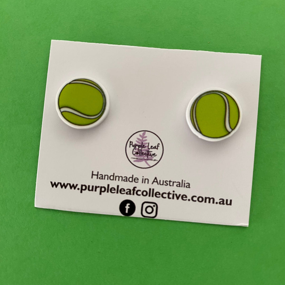 Tennis Ball novelty stud earrings. Hypoallergic Surgical Steel Posts. Printed Acrylic. Approx 12mm.