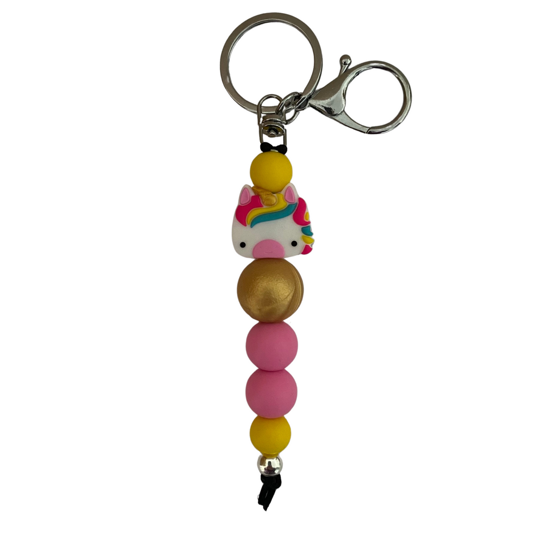 An 18cm keyring featuring a cotton candy pink unicorn head with other coloured beads.