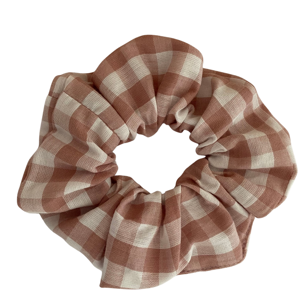 Antique Pink Gingham Scrunchie is handmade from cotton woven fabric and features quality braided elastic.