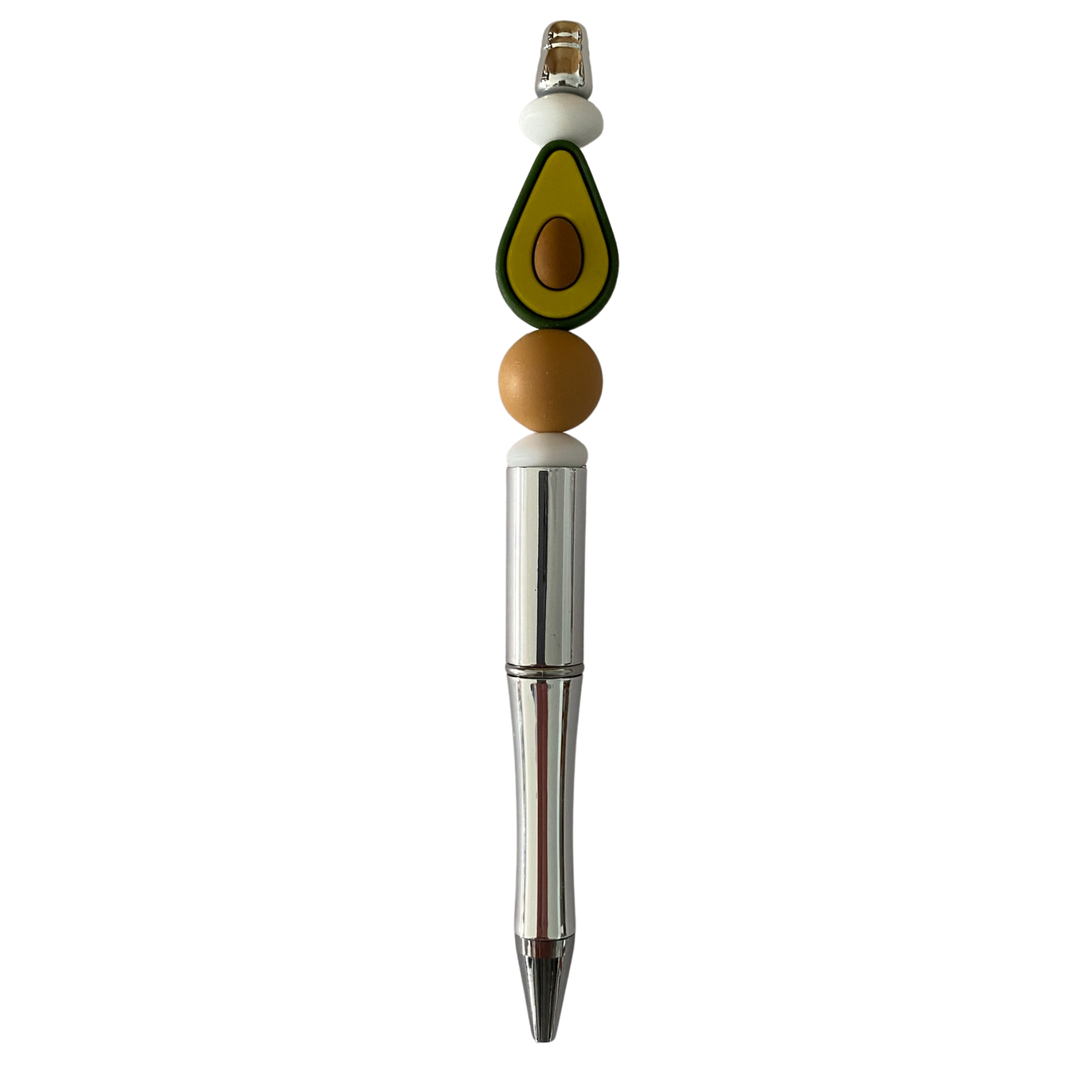 A black ink refillable pen with an Avocado silicone bead on top.