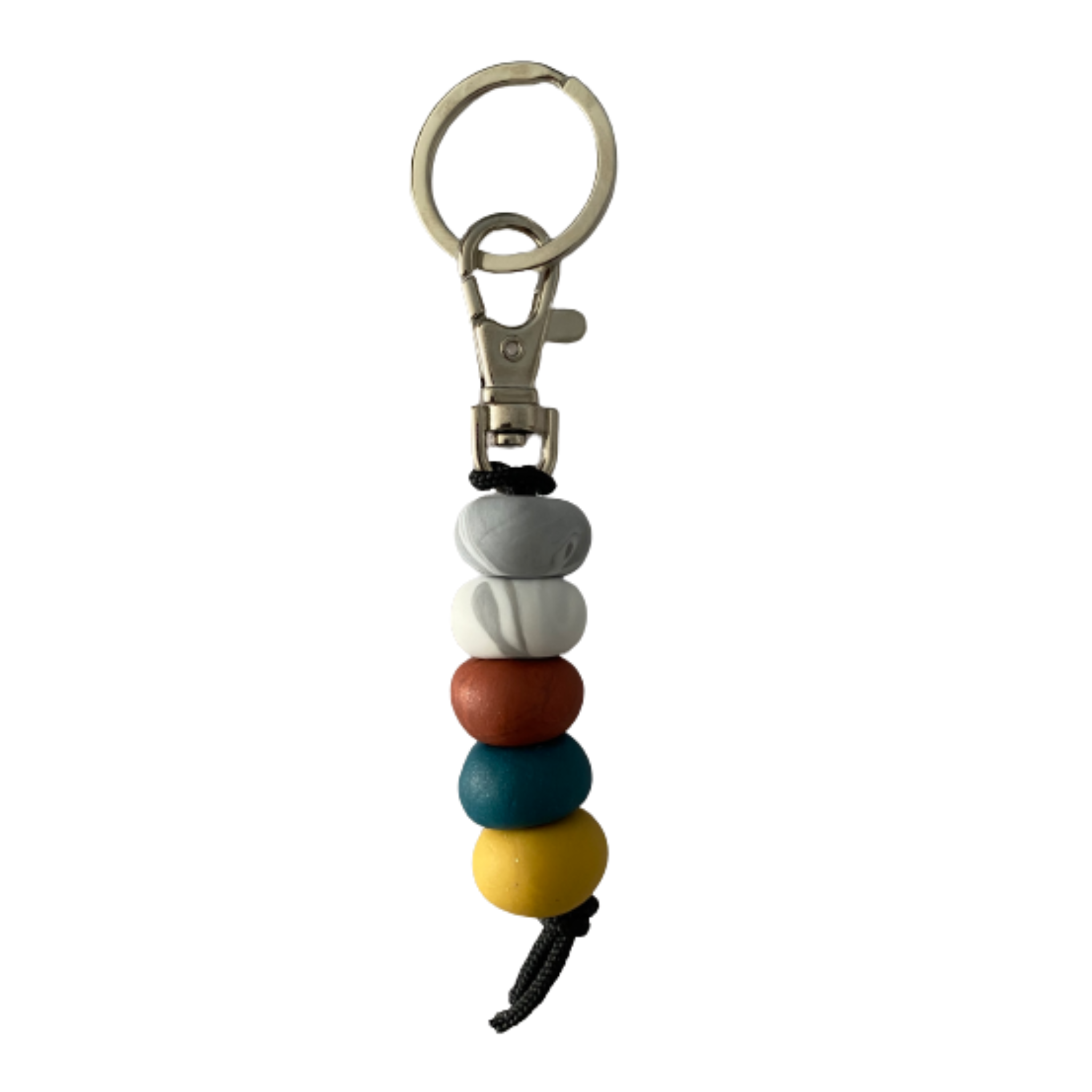 Handmade polymer clay keyring featuring five hand-rolled beads in teal, mustard, brown with two marble effect designs, attached to a silver clasp.