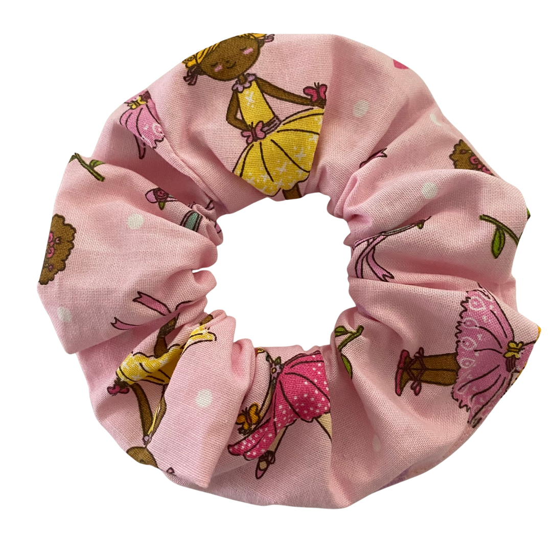 Pink scrunchie with ballerinas beautifully adorned with bouquets, flowers and hearts.