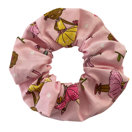 Pink scrunchie with ballerinas beautifully adorned with bouquets, flowers and hearts.