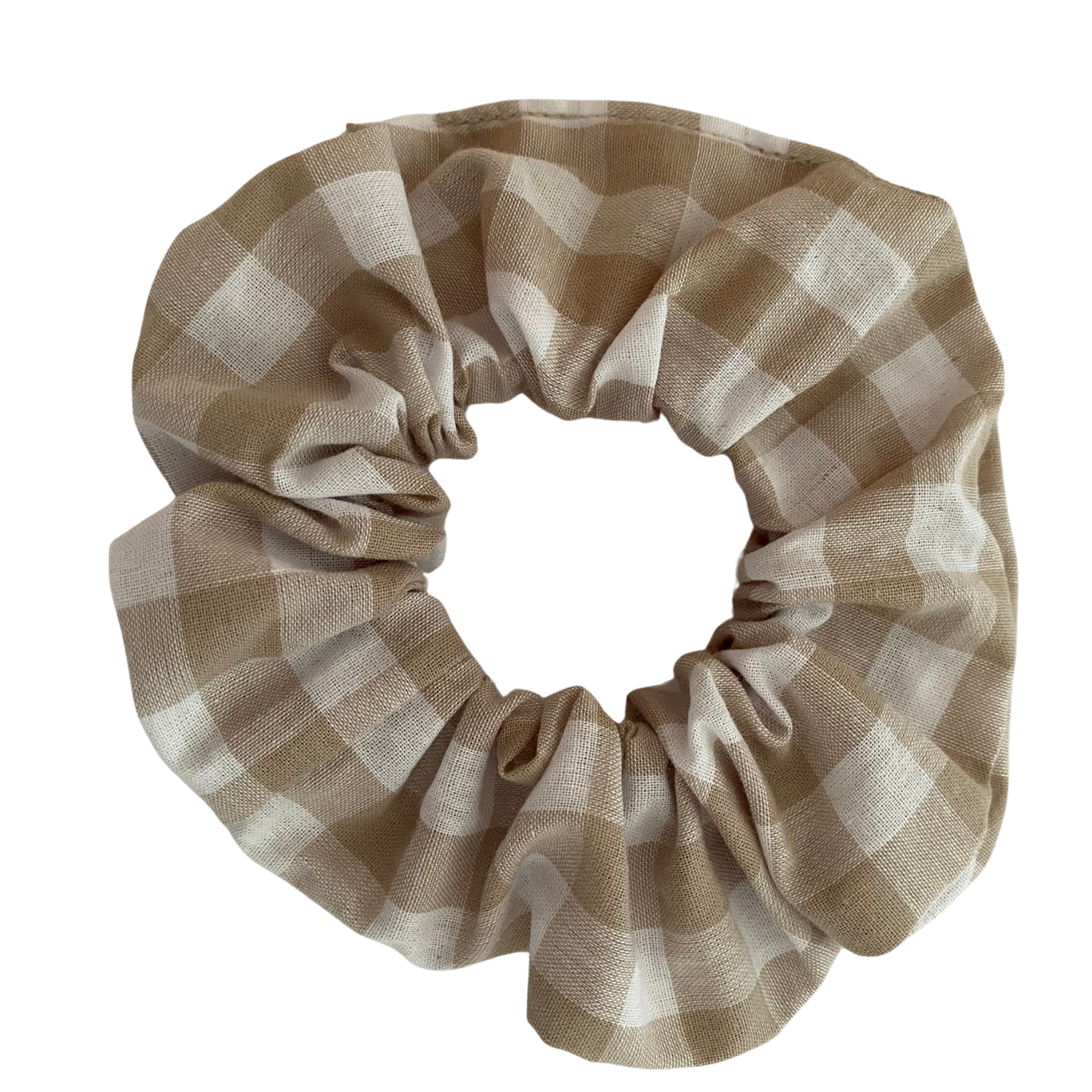 Beige Gingham Scrunchie is handmade from cotton woven fabric and features quality braided elastic.