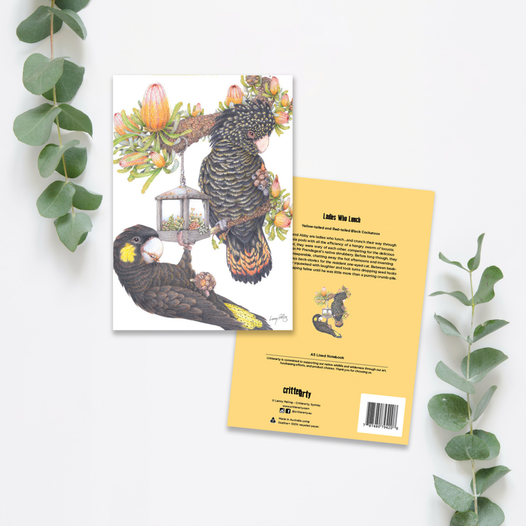 A5 hardcover notebook featuring an illustration of Yellow-tailed and Red-tailed Black Cockatoos on the cover.