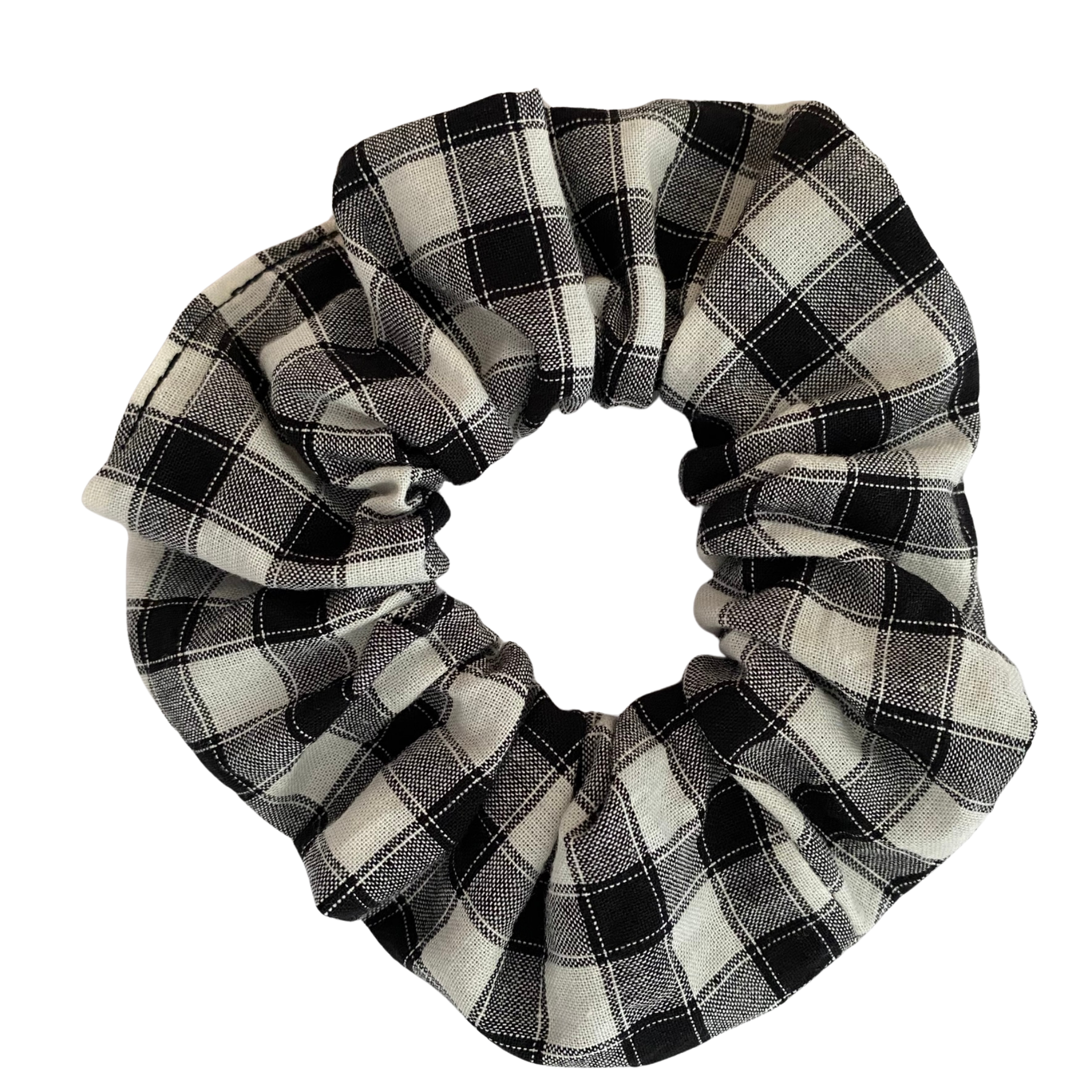 Black Gingham Scrunchie is handmade from cotton woven fabric and features quality braided elastic.