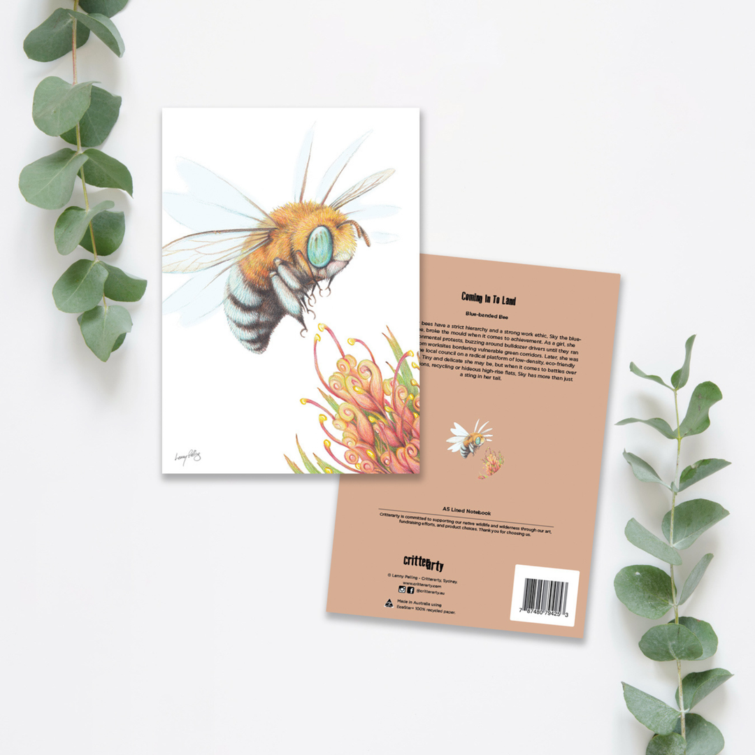 A premium hardcover notebook featuring a detailed illustration of a Blue-banded bee on the front cover, set against a clean, minimalist background.