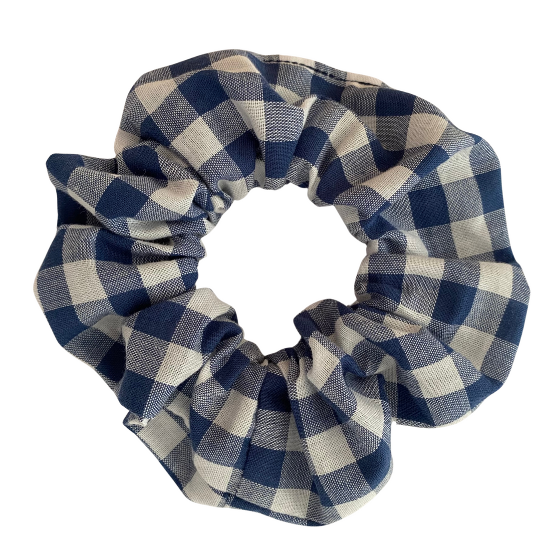 Blue Denim Gingham Scrunchie is handmade from cotton woven fabric and features quality braided elastic.