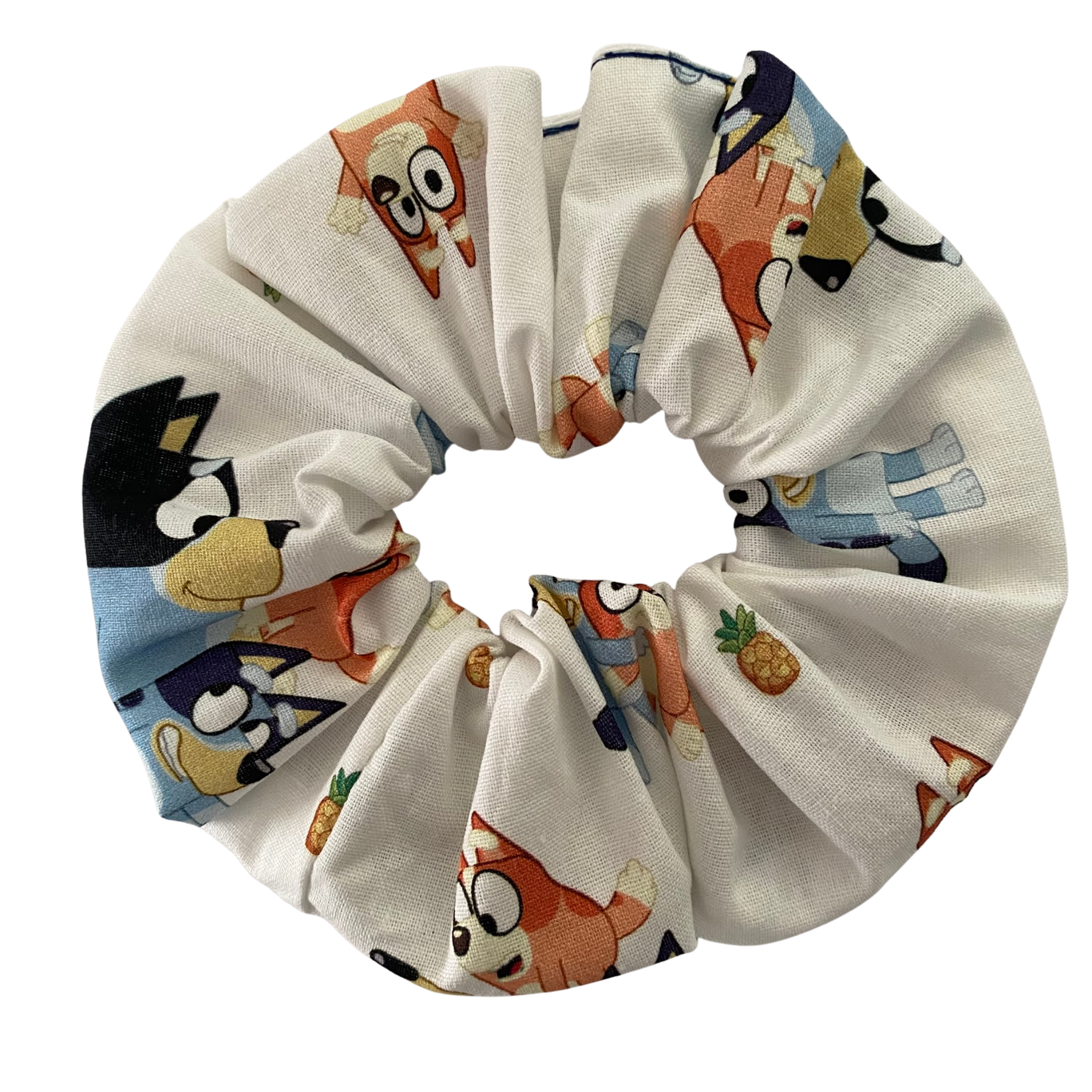 Scrunchie features playful images of Bluey, Bingo, Bandit and Chilli on a white fabric.