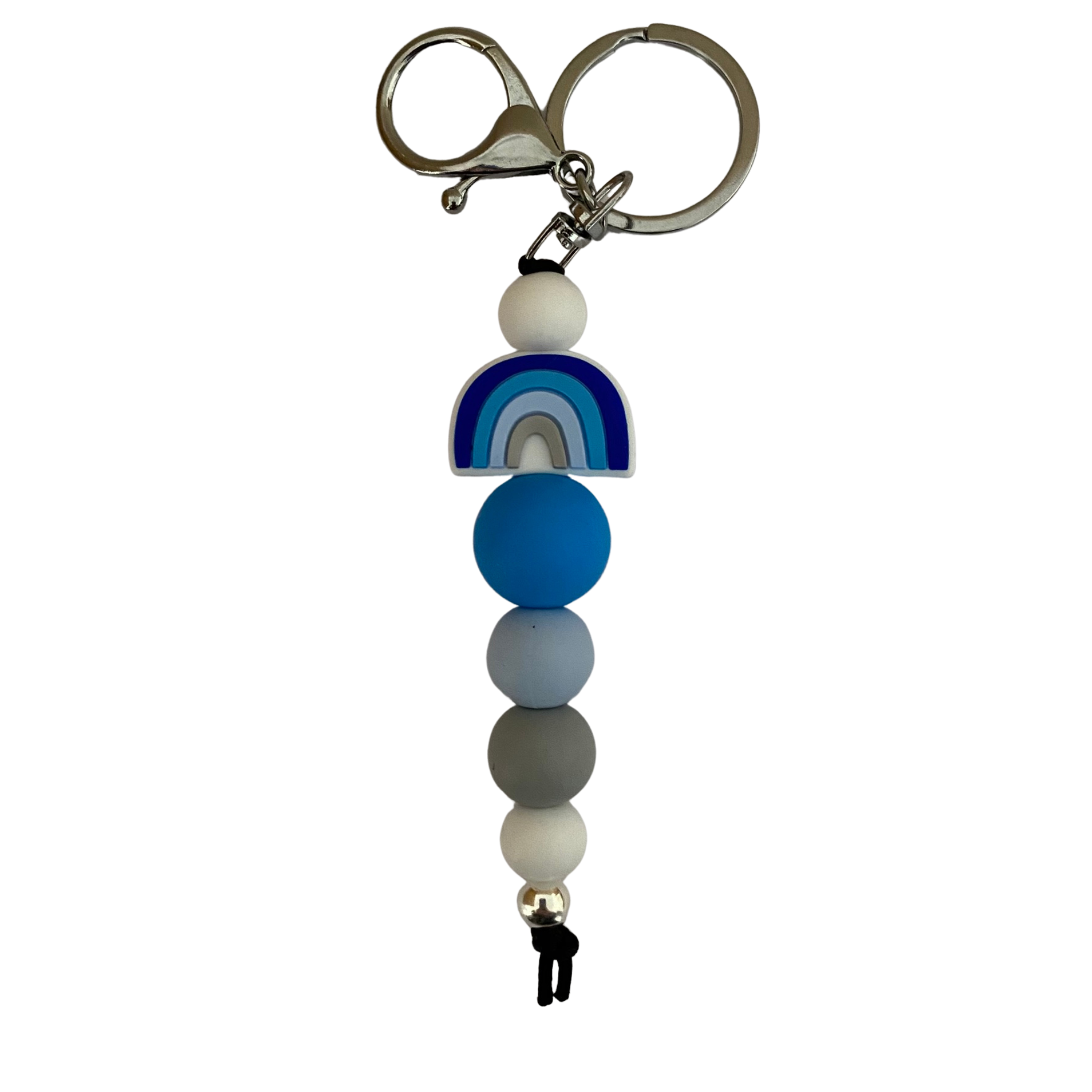 An 18cm keyring featuring a blue and grey coloured rainbow bead and other coloured round silicone beads.