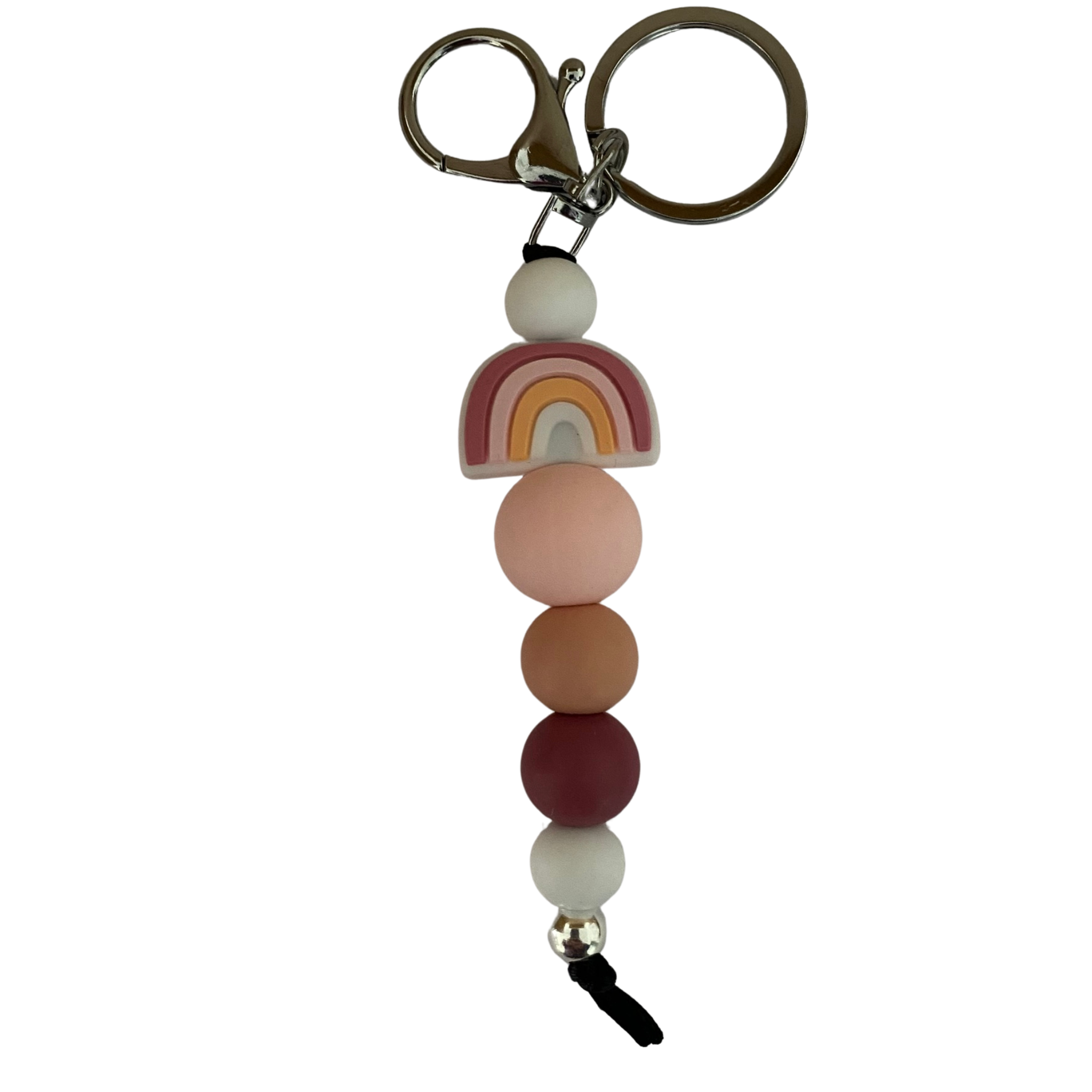 An 18cm peach rainbow keyring with round coloured silicone beads.