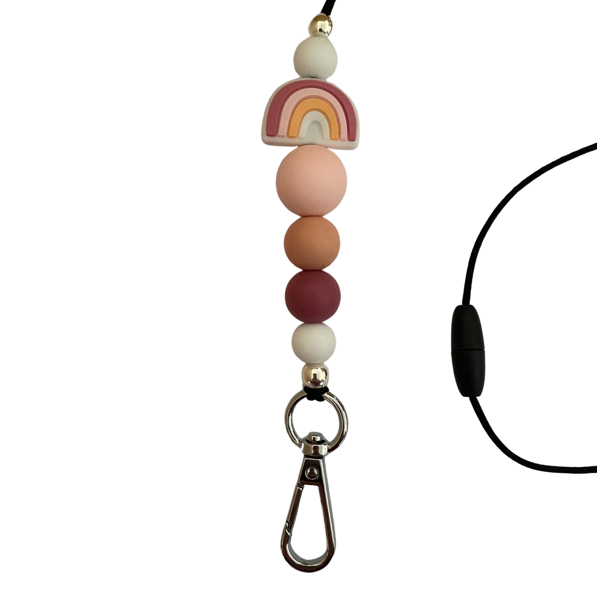 A 60cm lanyard fitted with a safety break away clasp featuring a peach coloured rainbow silicone bead and other coloured round silicone beads.
