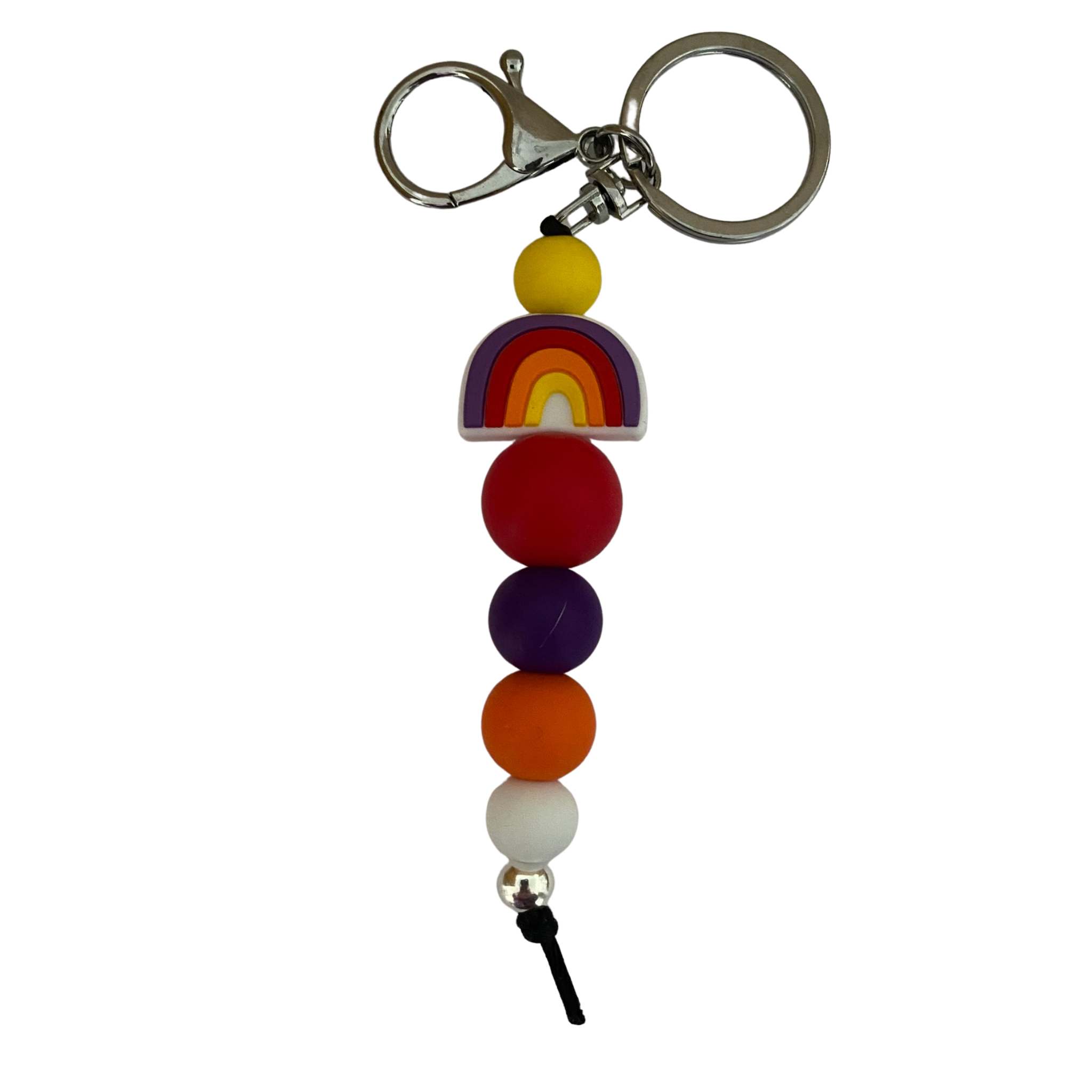 An 18cm red coloured rainbow keyring with other coloured round silicone beads.