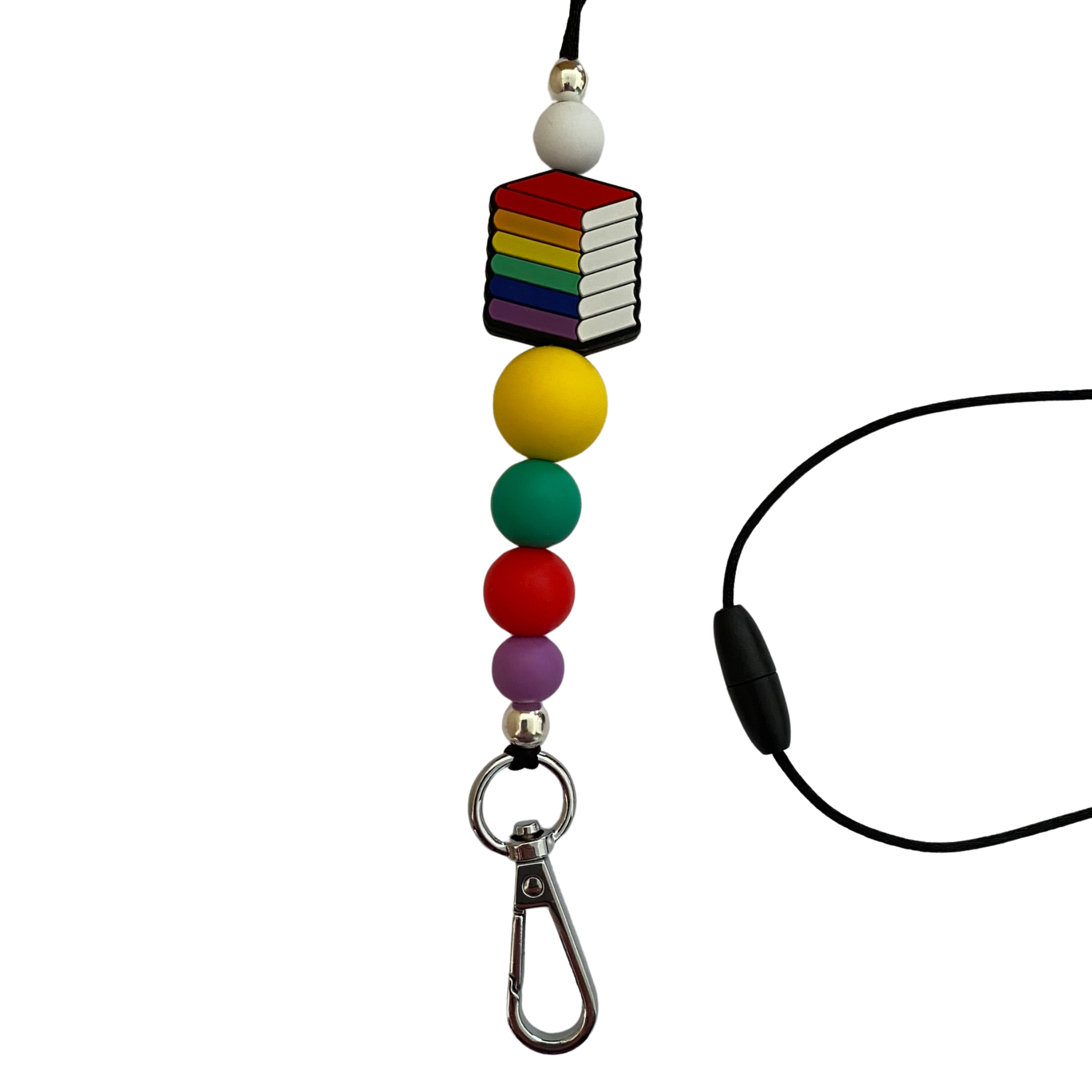 A 60cm lanyard fitted with a safety break away clasp and a book stack silicone bead and other coloured round silicone beads.