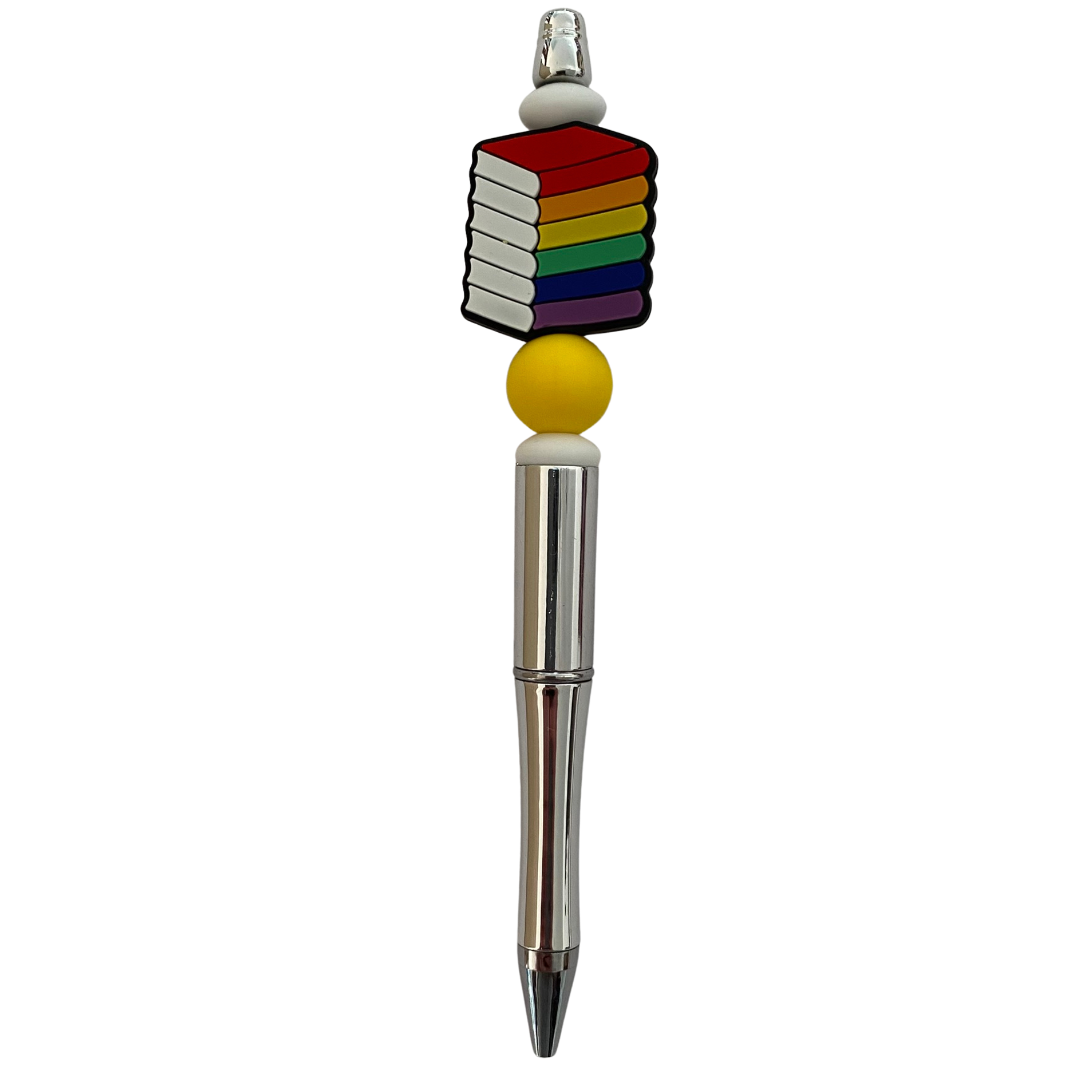 A black ink refillable pen with a six book stack silicone bead in the colours of the rainbow on top.