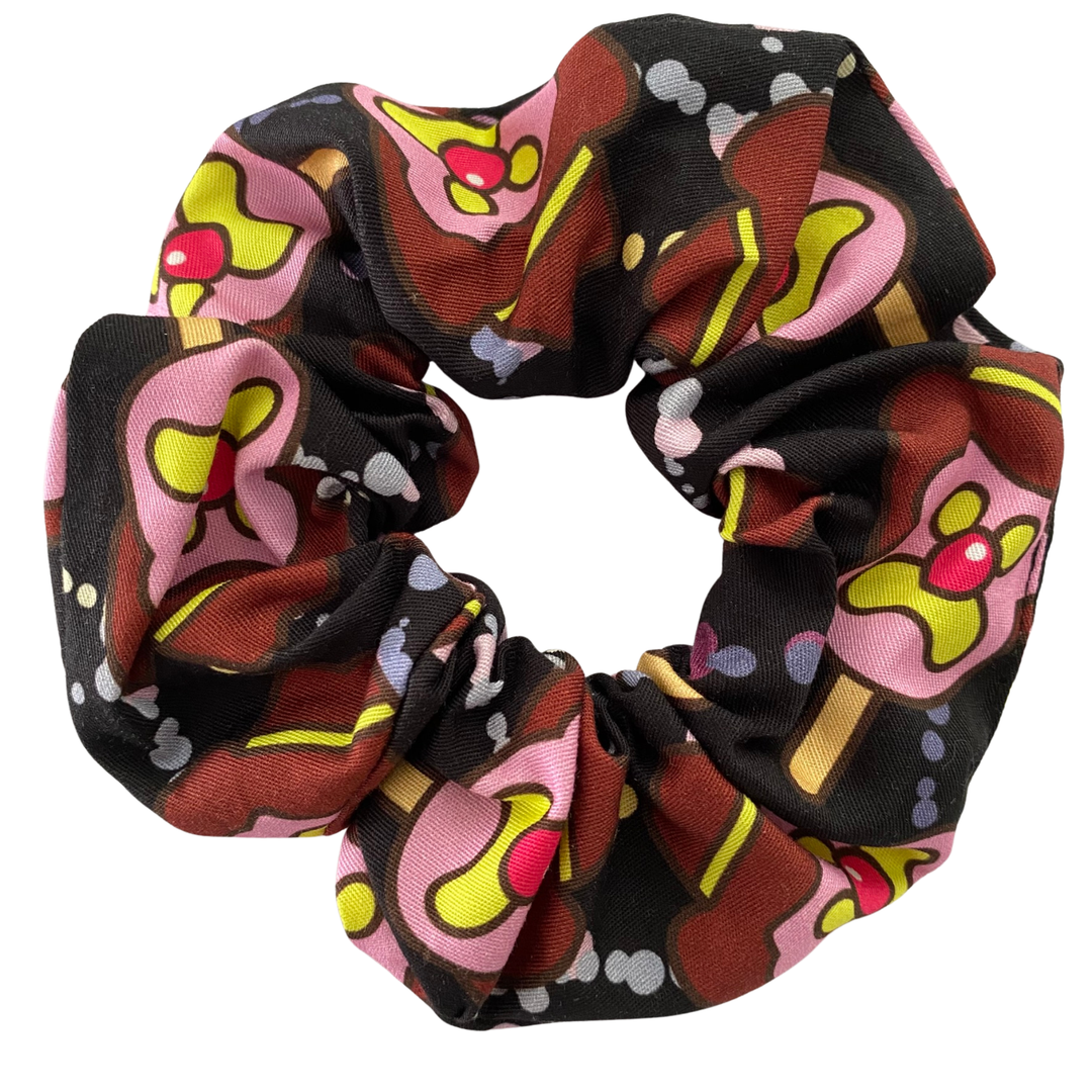 Black scrunchie featuring images of Bubble O'Bill ice cream man.