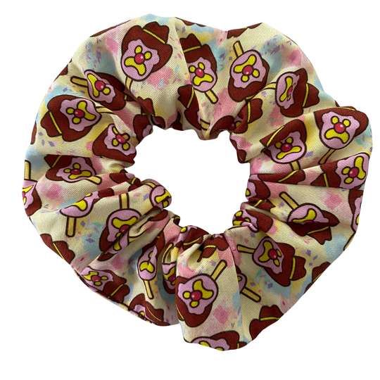 Pastel yellow scrunchie featuring images of Bubble O'Bill ice cream man.