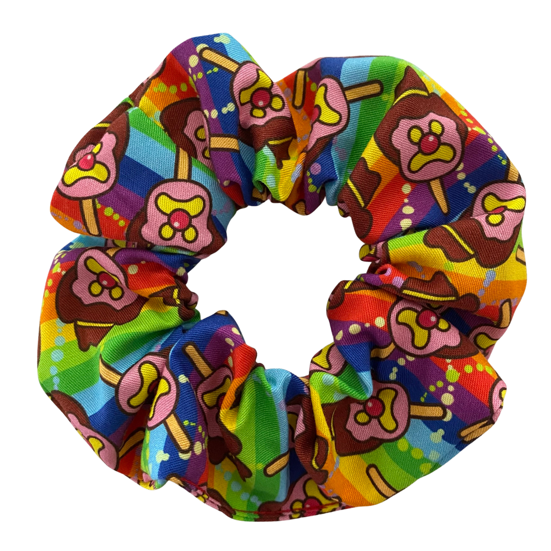 Striped rainbow colours scrunchie featuring images of Bubble O'Bill ice cream man.