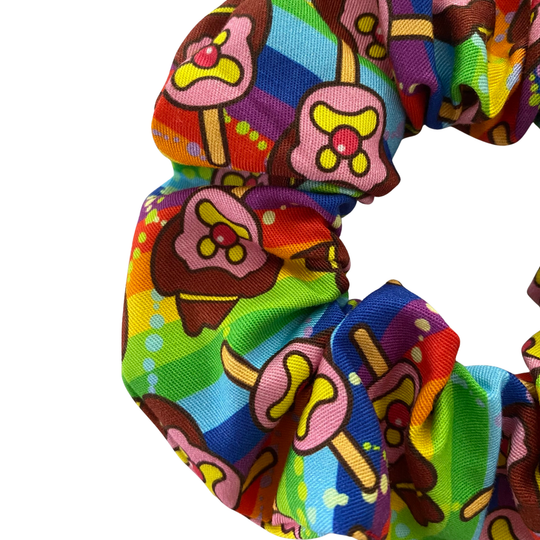 Images of Bubble O’Bill ice cream man on stripe rainbow colours fabric.