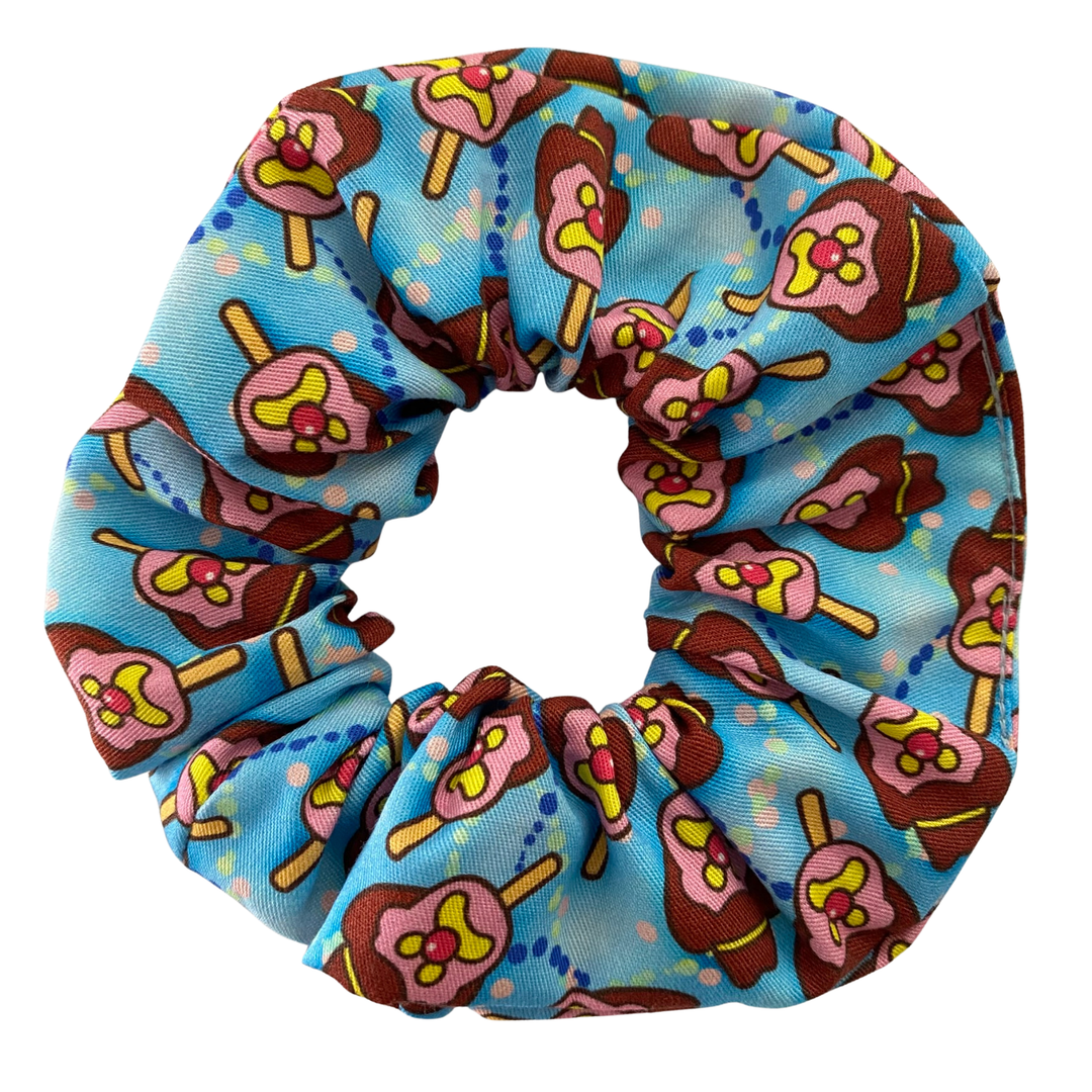 Sky Blue scrunchie featuring images of Bubble O'Bill ice cream man.