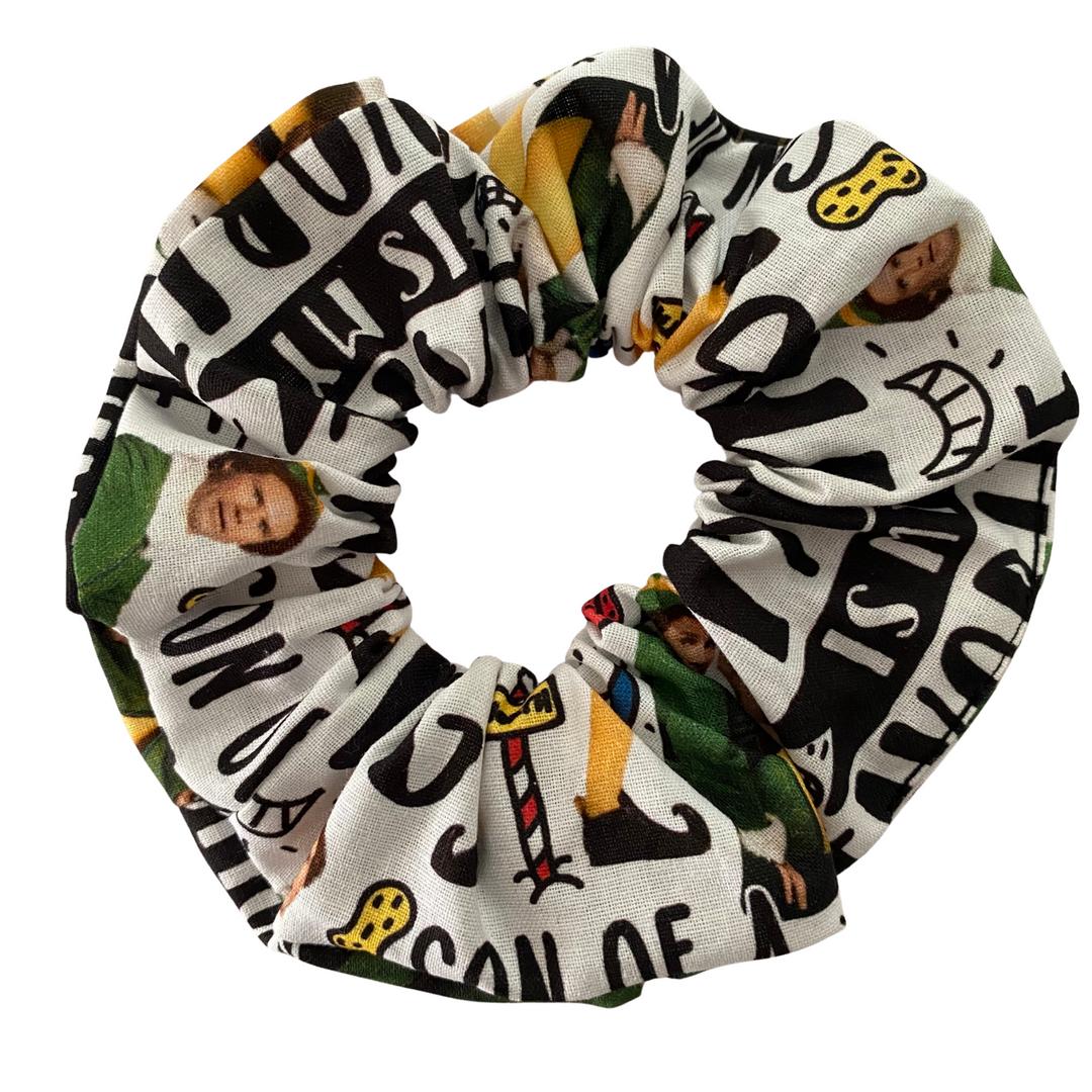 Multicolored scrunchie with text and images on a white background.