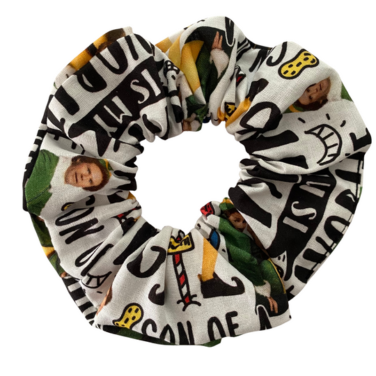 Multicolored scrunchie with text and images on a white background.