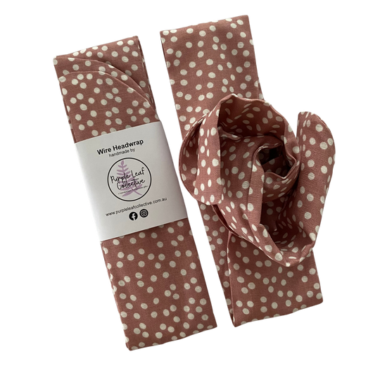 Handmade wire headwrap, headband with small white spots set on pink colour fabric. Stylish, adjustable, and perfect for all-day wear or hair loss coverage.