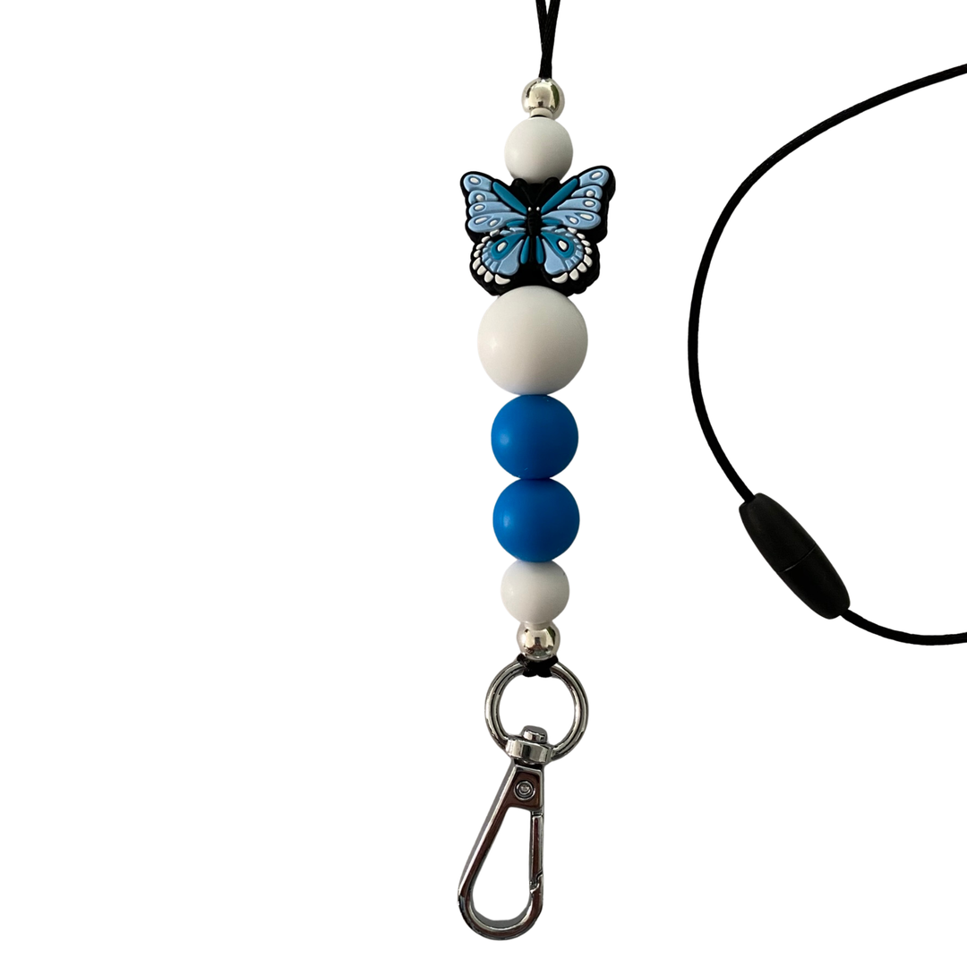 Lanyard with breakaway clasp featuring blue and white silicone beads, a 10mm silver aluminium bead, and a blue butterfly charm on a durable cord.