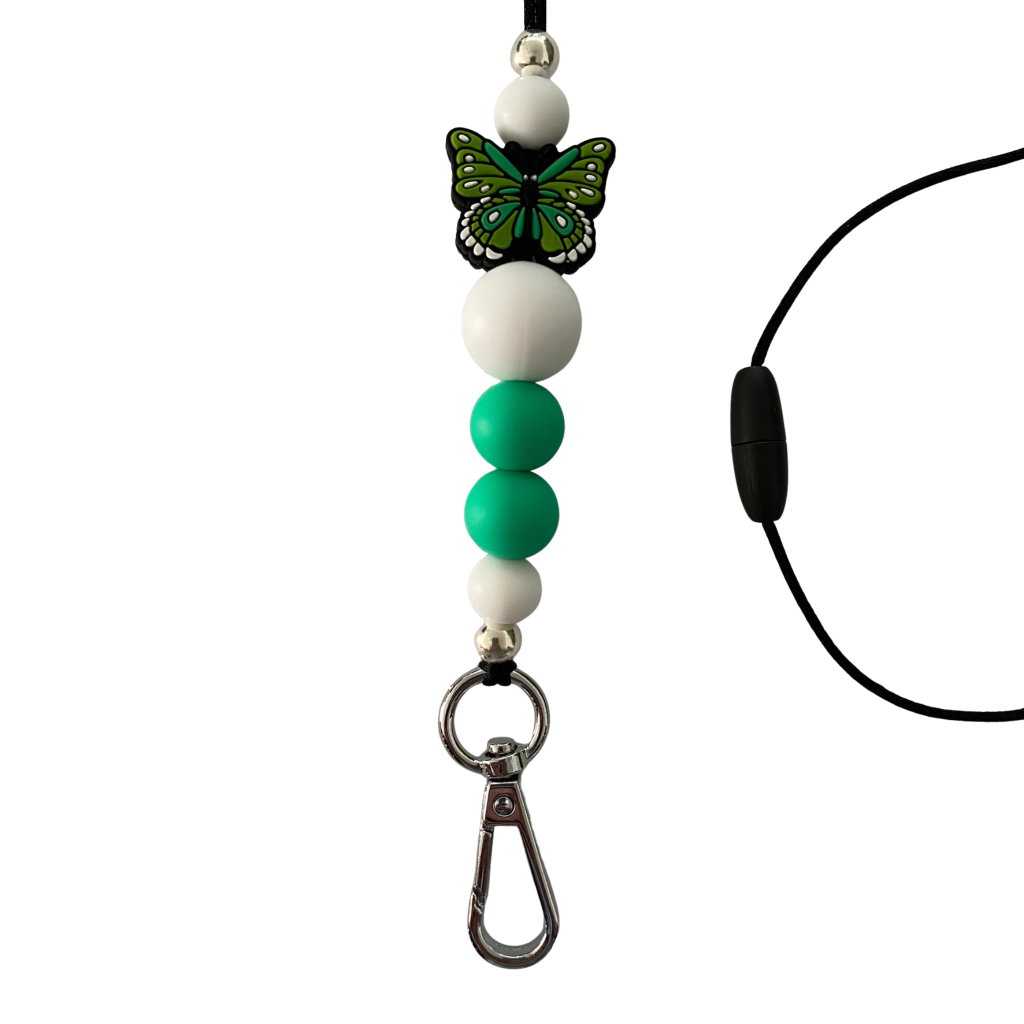 Beaded lanyard with a green butterfly charm and white and green silicone beads on black cord.