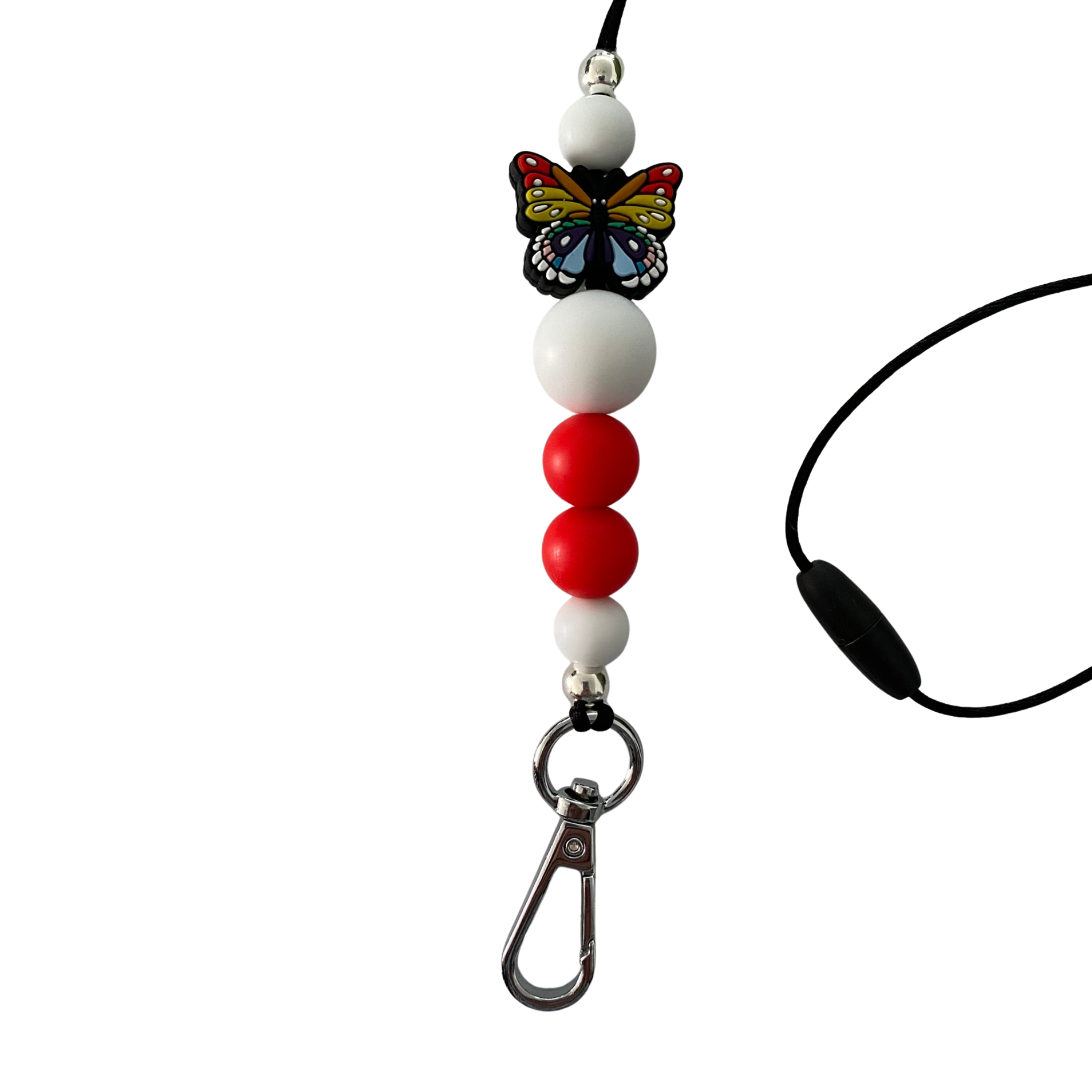 Multi coloured butterfly silicone bead with red and white silicone beads on black cord with safety breakaway clasp.