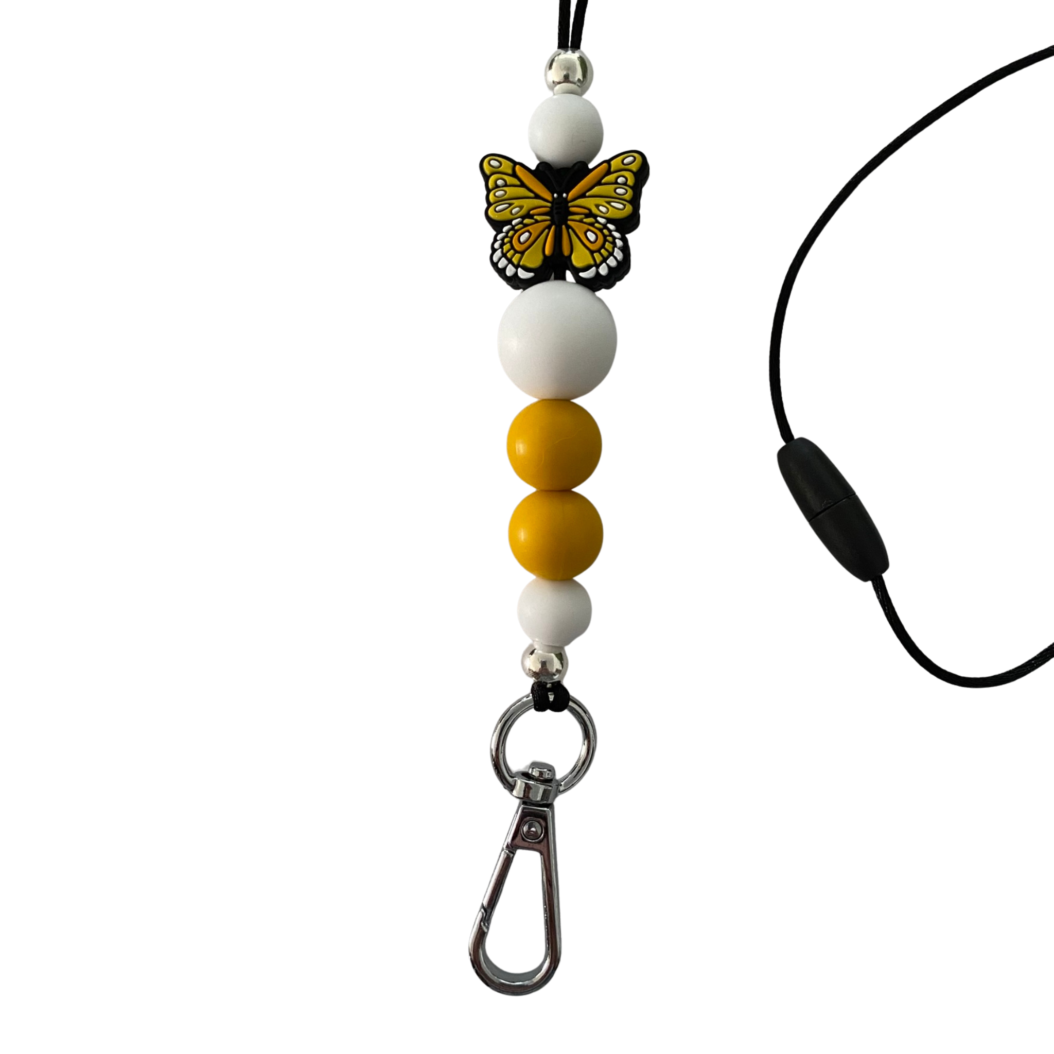 Lanyard with safety breakaway clasp featuring yellowe and white silicone beads, a 10mm silver aluminium bead, and a yellow butterfly charm on a durable cord.