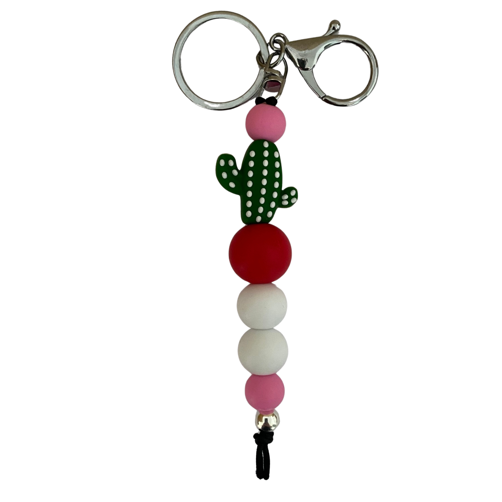 An 18cm keyring featuring a cactus and other round coloured silicone beads.